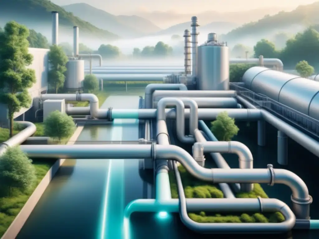Factoría futurista: eficiencia hídrica y sostenibilidad Fábrica futurista con sistemas de agua optimizados rodeada de vegetación, simbolizando innovación en la gestión de recursos hídricos en fábricas
