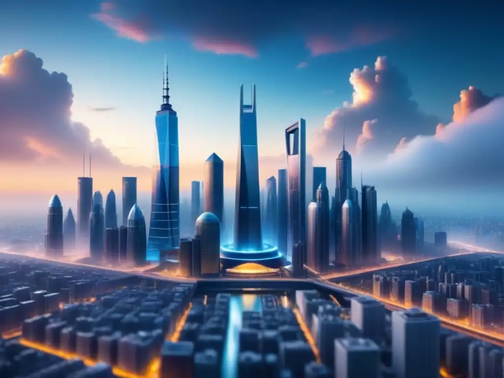 Futurista skyline de ciudad con rascacielos impresos en 3D, diseño moderno y colores vibrantes