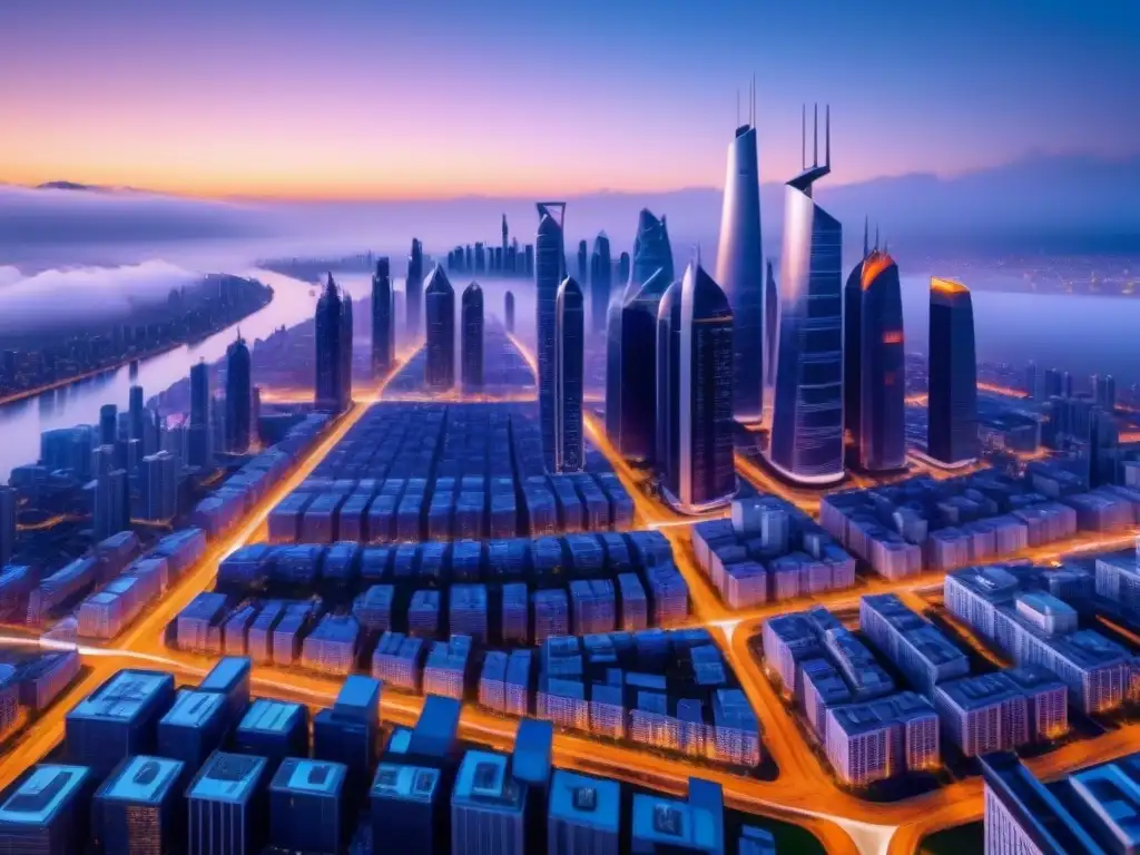 Futurista skyline urbano al anochecer con edificios modernos iluminados por microredes urbanas energía sostenible