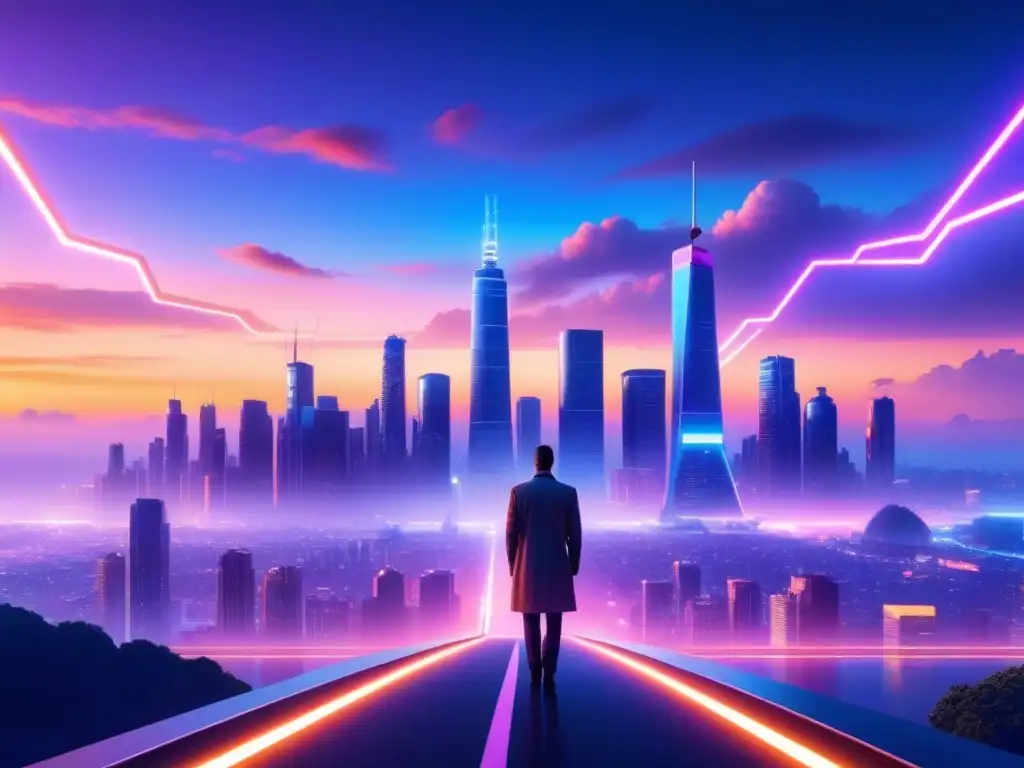 Futurista skyline urbano al anochecer iluminado por redes de luces neón, representando avances en IA para precios competitivos