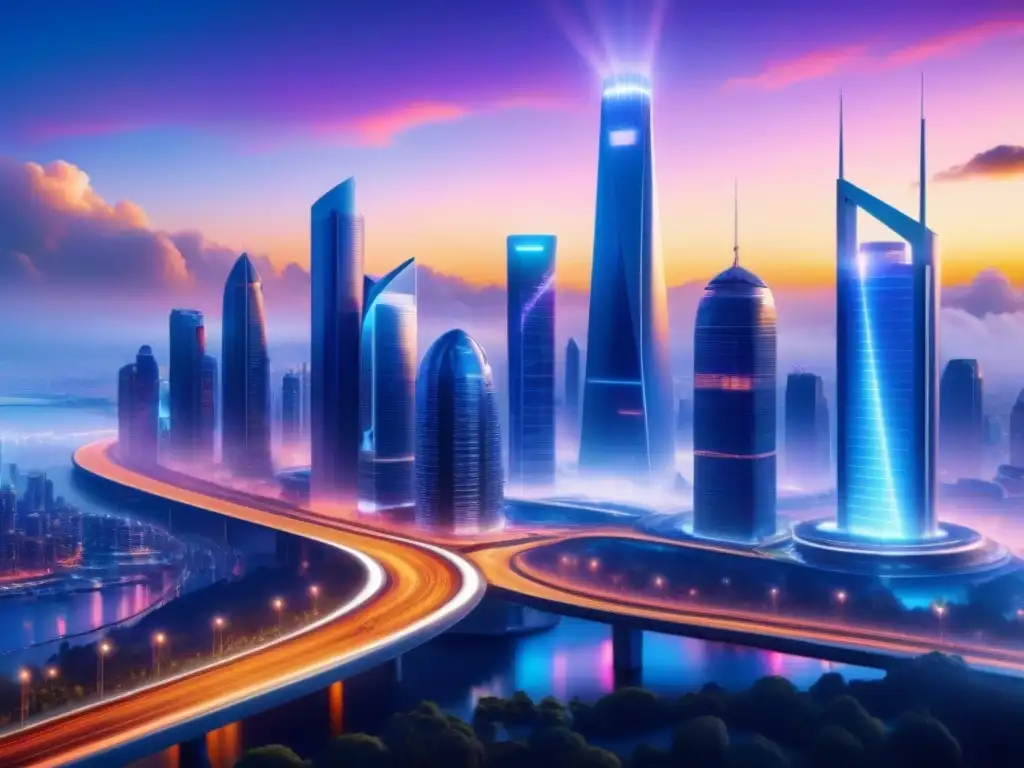 Futurista skyline urbano con tecnología 5G