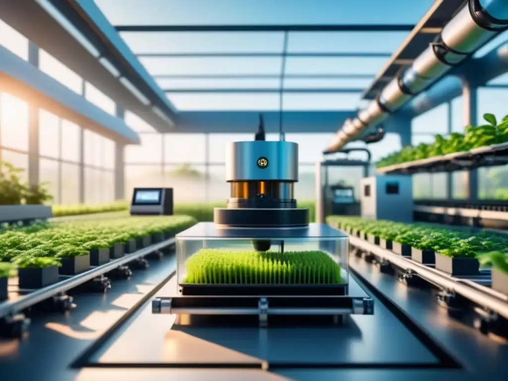 Fábrica futurista con impresión 3D sostenible en industria rodeada de vegetación y paneles solares brillantes