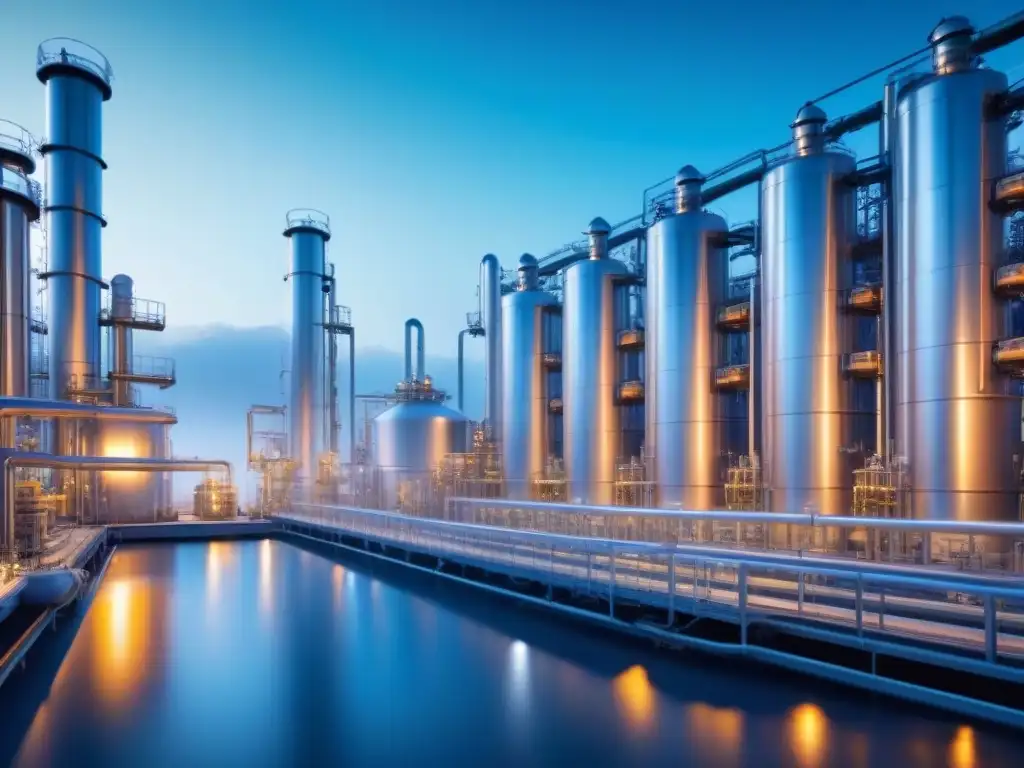 Planta química futurista: síntesis sostenible con inteligencia artificial Instalación futurista de producción químicos sostenibles con inteligencia artificial y maquinaria avanzada en luz azul