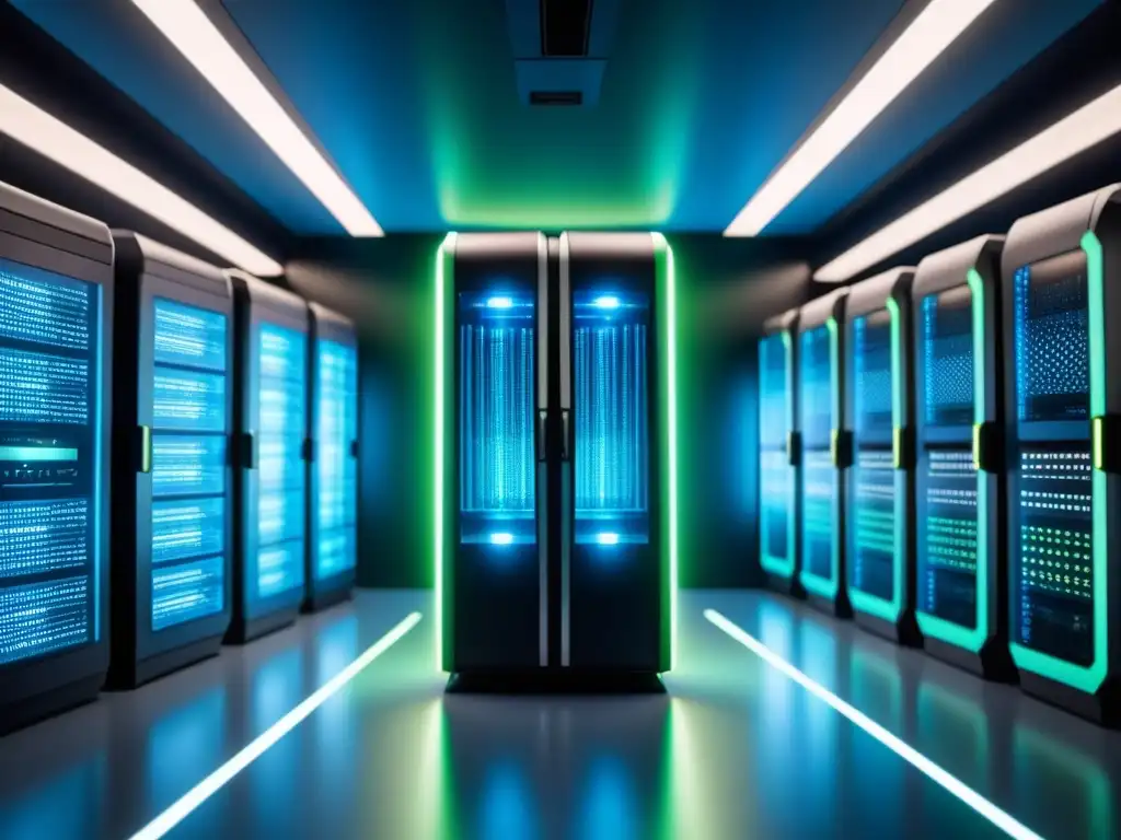 Futurista supercomputadora en azul y verde para Gestión de desastres con supercomputación