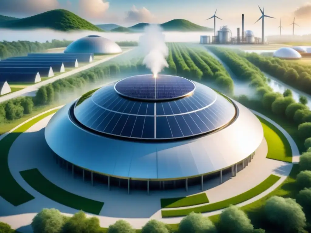 Biorefinería futurista: tecnología avanzada y sostenible Biorefinería futurista con tecnología avanzada, rodeada de vegetación y energías renovables