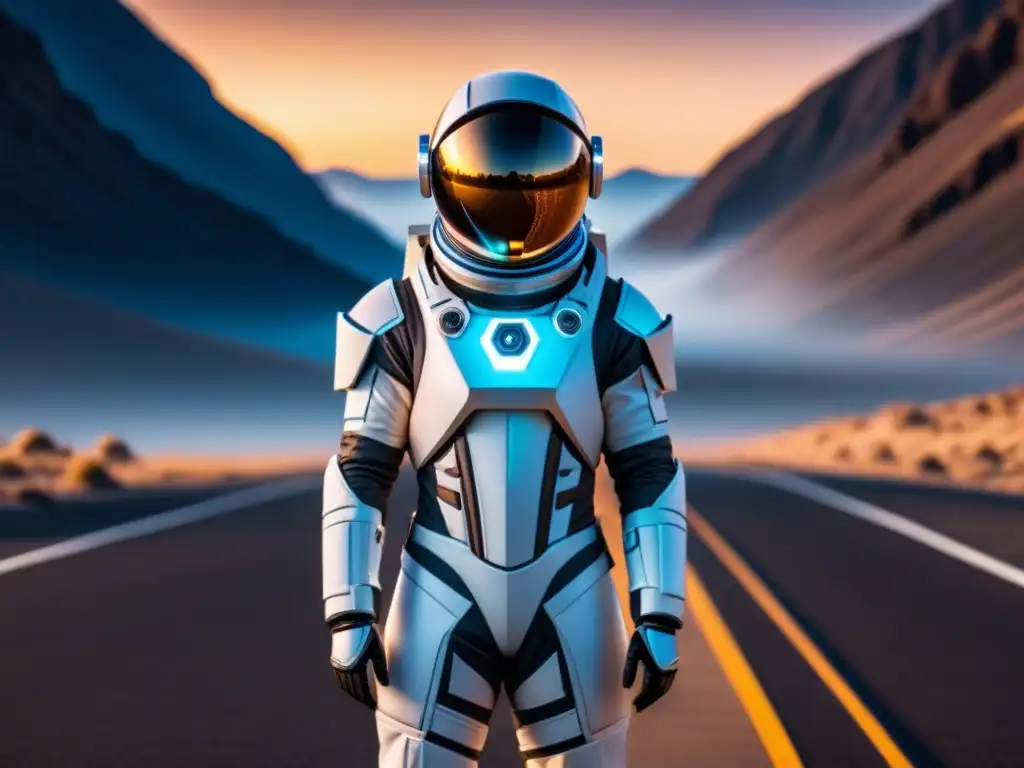 Traje espacial futurista en 8k: diseño minimalista y detallado Diseño futurista de traje espacial con avanzada tecnología en un fondo estrellado