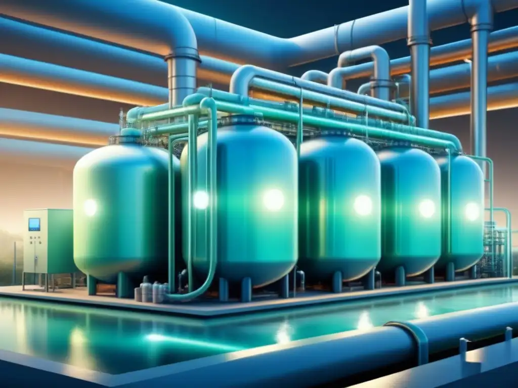 Planta de tratamiento de agua futurista con microorganismos brillantes Un futurista tratamiento de aguas industriales con microorganismos en una planta con diseño minimalista y avanzada tecnología