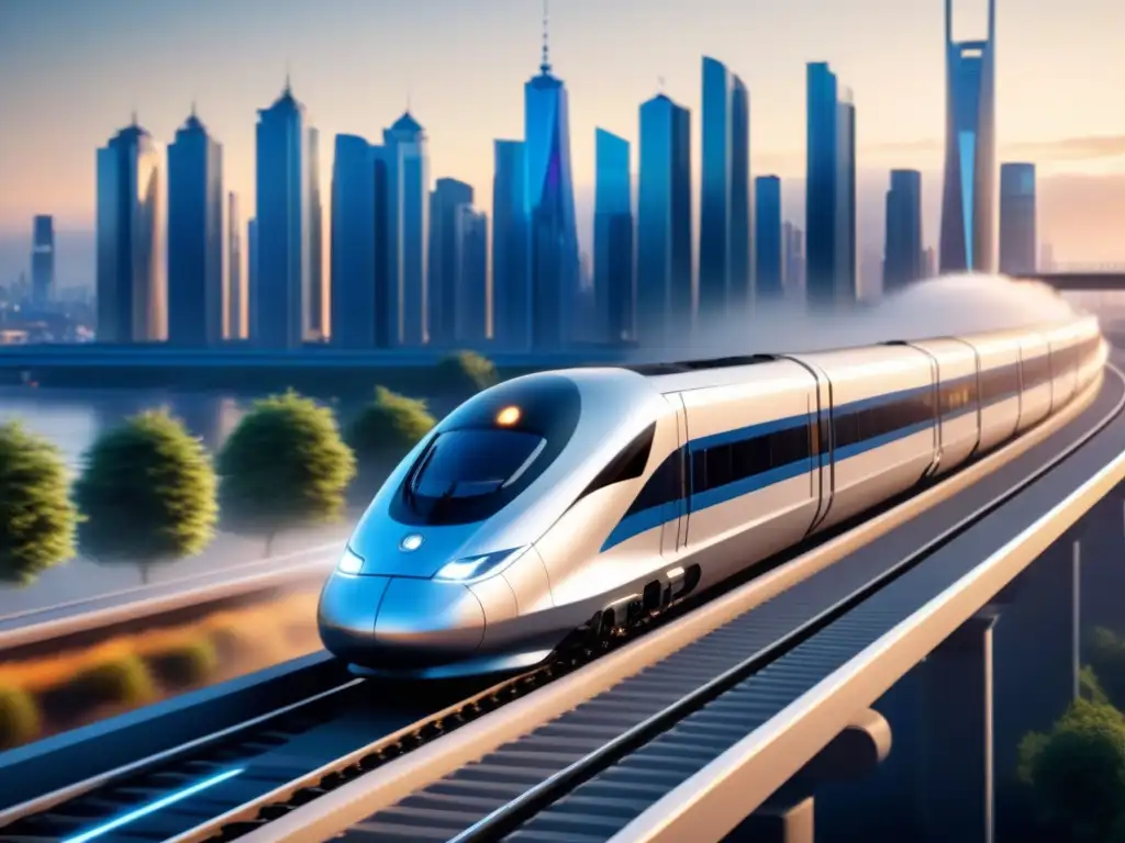 Futurista tren de alta velocidad en ciudad moderna al atardecer