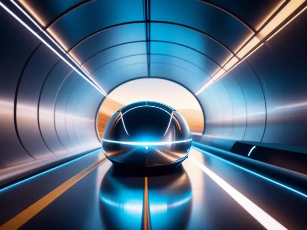 Futurista Hyperloop en túnel hightech con datos de sistemas transporte alta velocidad