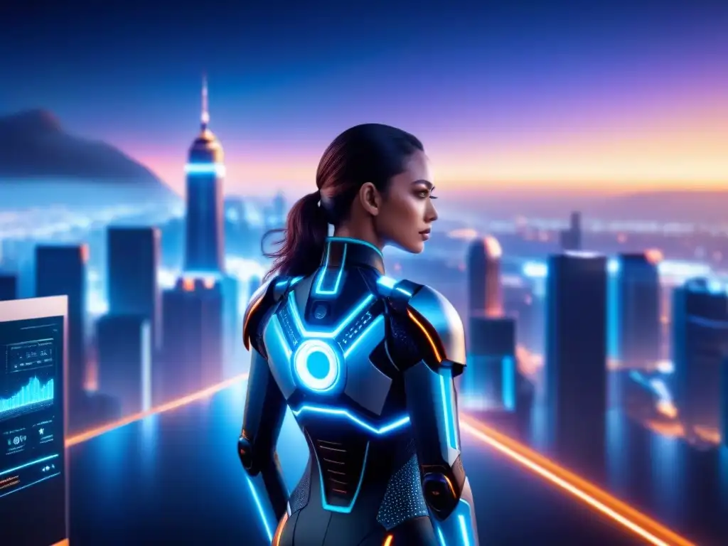 Interfaz IA futurista con visualizaciones de datos, código y ciudad digital nocturna