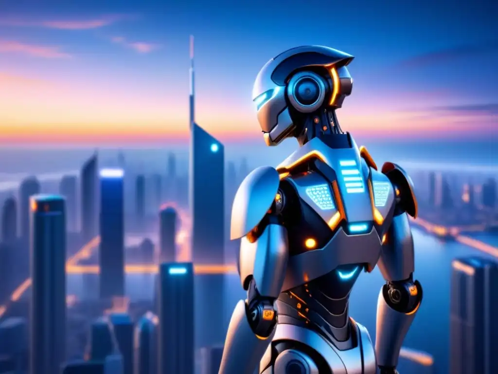 Futuro de la asesoría financiera: complejos algoritmos de IA en un roboadvisor futurista, en una ciudad digital al atardecer