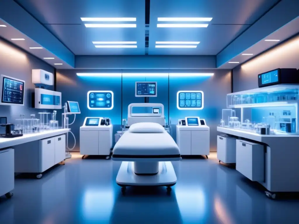 Futuro de la bioingeniería en medicina regenerativa: sala con avanzados equipos biotecnológicos en azul suave