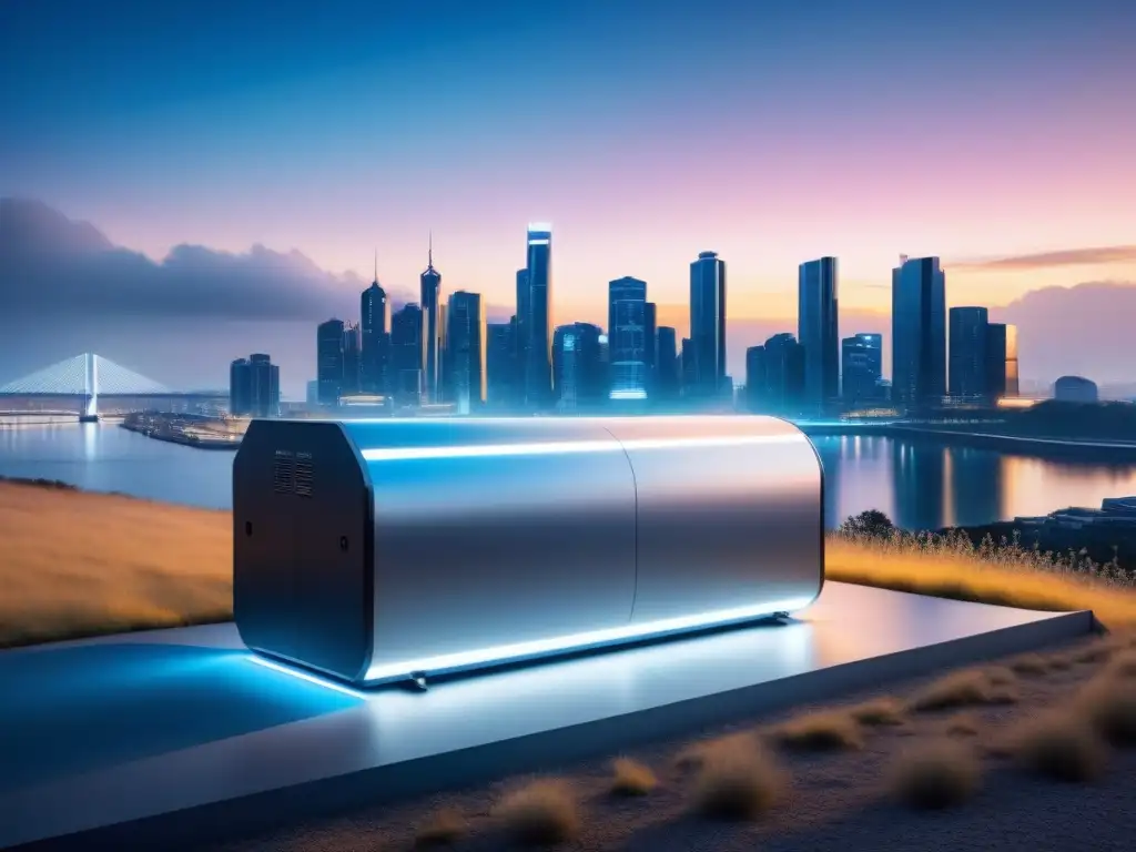 Almacenamiento de energía futurista en la ciudad Un futuro brillante: almacenamiento de energía integrado en la ciudad, reflejando innovación y armonía
