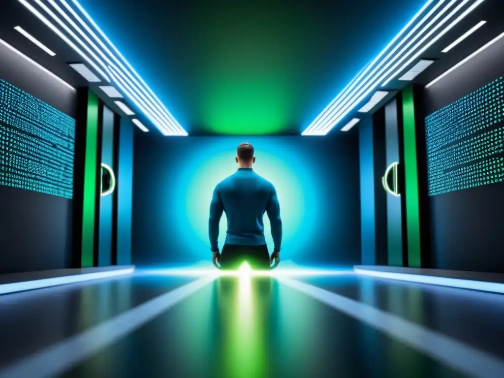 Futuro diseño criptográfico cuántico en azul y verde sobre negro, evocando tecnología avanzada y seguridad