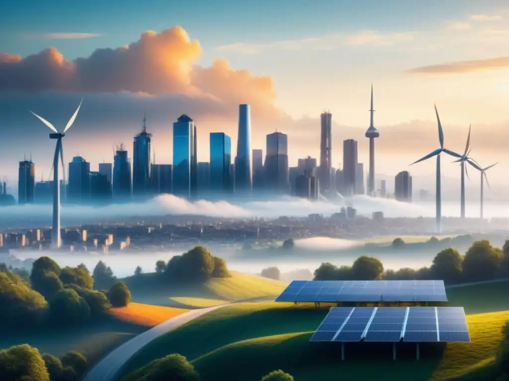 Modelando futuro energías renovables: Ciudad futurista con paneles solares y turbinas eólicas, integrando naturaleza y tecnología en diseño moderno