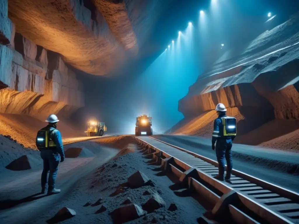 Futuro de la geotecnología en industria minera transformación: avanzada mina subterránea con maquinaria robótica y pantallas digitales