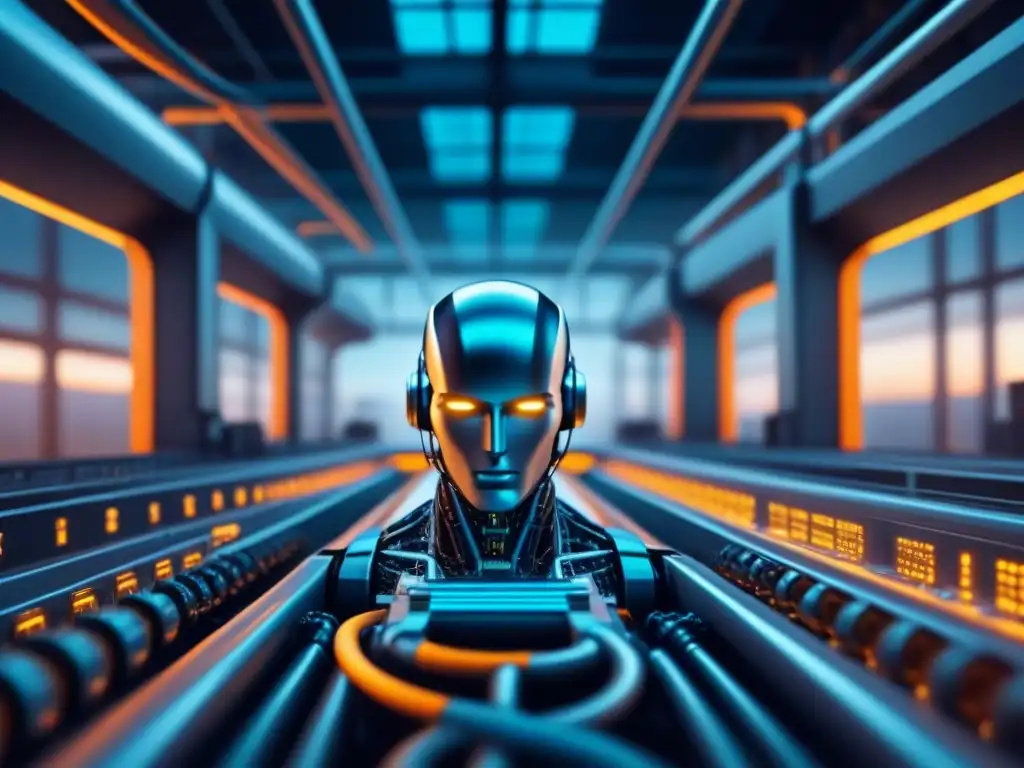 Futuro de la industria: proceso industrial integrado con red neuronal, representando la inteligencia artificial