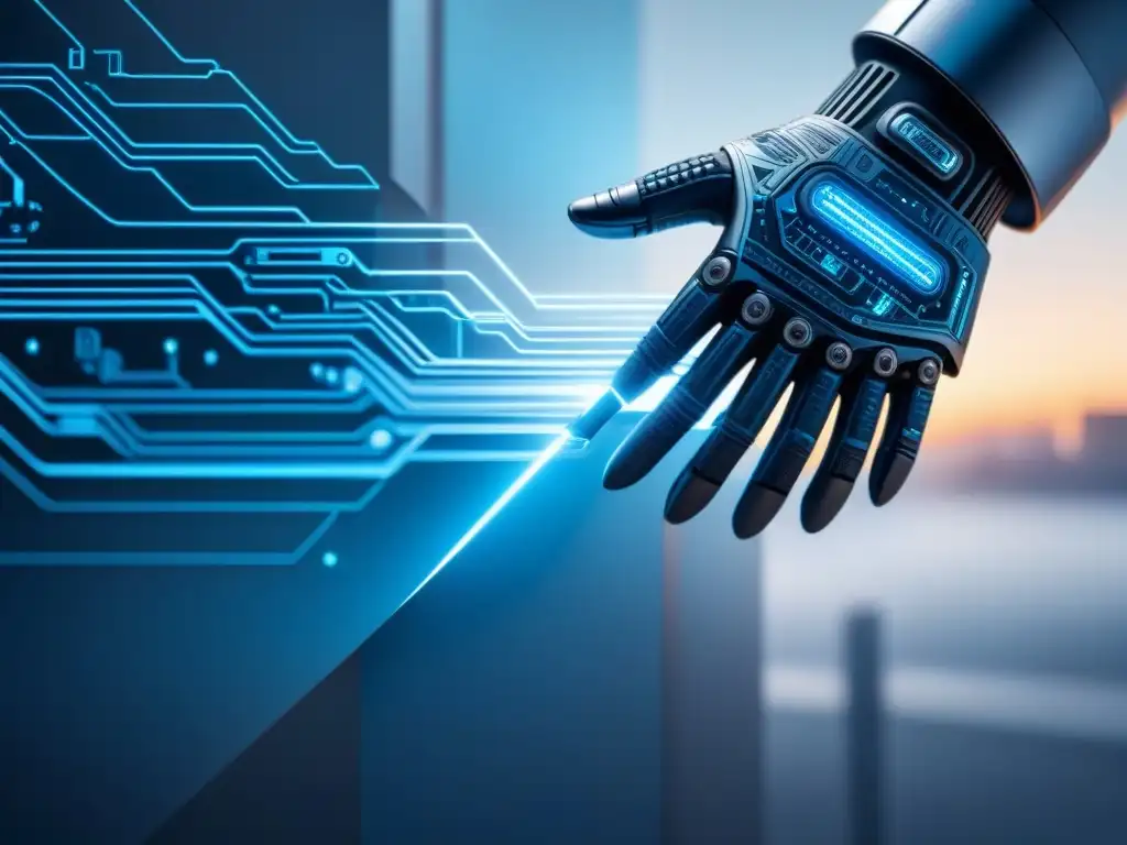 Arte digital futurista: circuitos y maquinaria en azules metálicos Futuro industrial: detallada publicidad en azules y grises, con circuitos y maquinaria, reflejo de la inteligencia artificial en redes