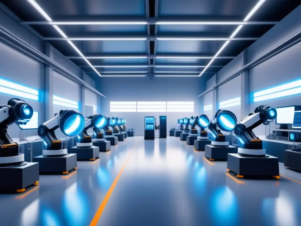 Futuro de Inteligencia Artificial en gestión innovación industrial: fábrica futurista con robots y maquinaria automatizada brillando en azul neón
