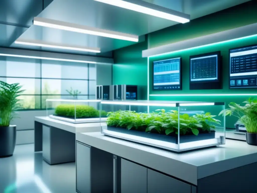 Futuro laboratorio de biotecnología con diseño minimalista y plantas verdes, simbolizando sostenibilidad en biotecnología normativas