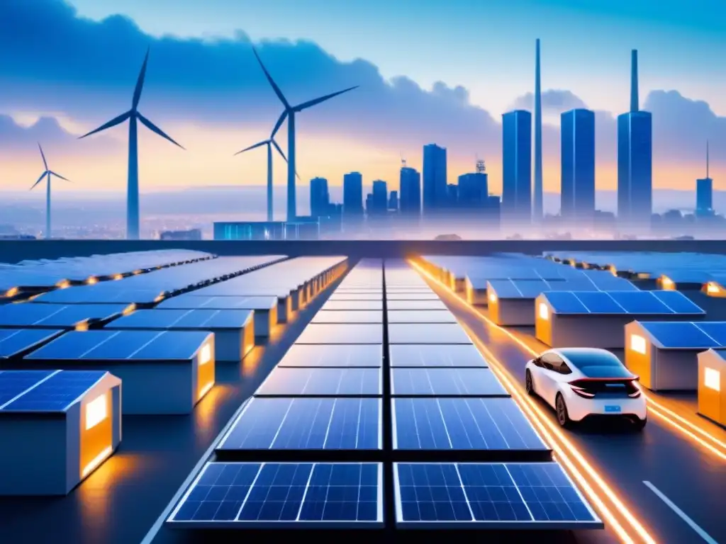 Cityscape energético del futuro: baterías integradas Un futuro sostenible donde el almacenamiento de energía se integra en la ciudad