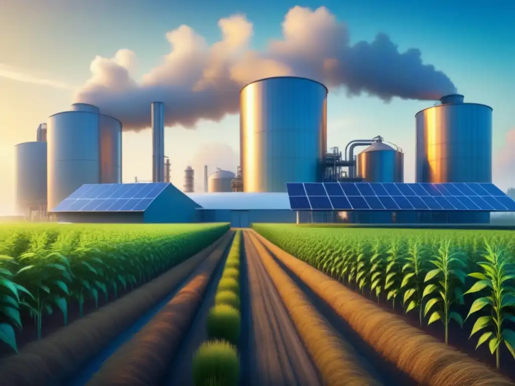 Biofábrica sostenible: innovación y armonía con la naturaleza Un futuro sostenible: biorefinería rodeada de naturaleza, simbolizando biocombustibles tercera generación sostenibles