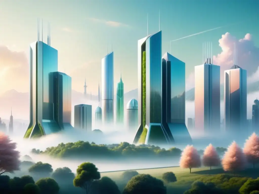 Un futuro sostenible: Ciudad futurista con torres integradas para captura de CO2 en biología sintética