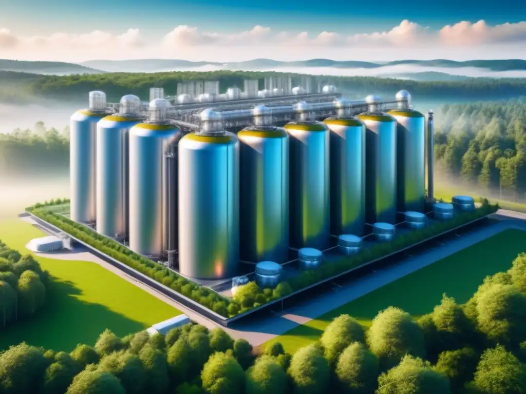 Instalación futurista de captura de carbono en armonía con la naturaleza Un futuro sostenible: moderna planta de captura de carbono en armonía con la naturaleza bajo el cielo azul