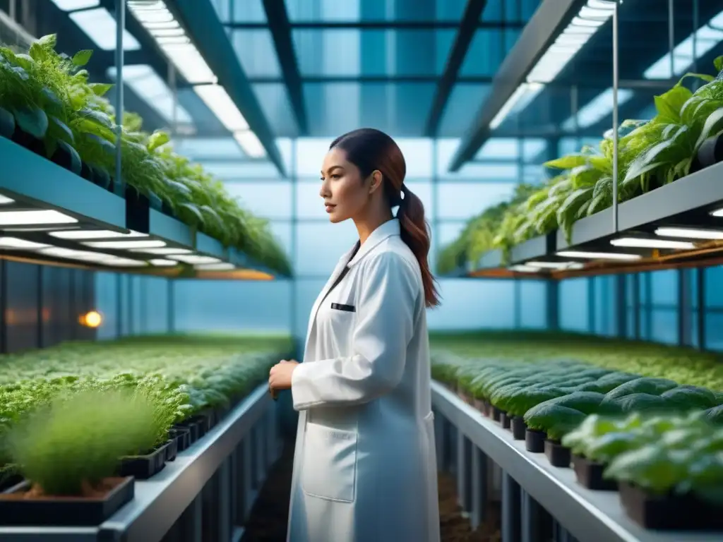 Un futuro urbano con rascacielos cubiertos de jardines verticales, fusionando tecnología CRISPR en la agricultura urbana