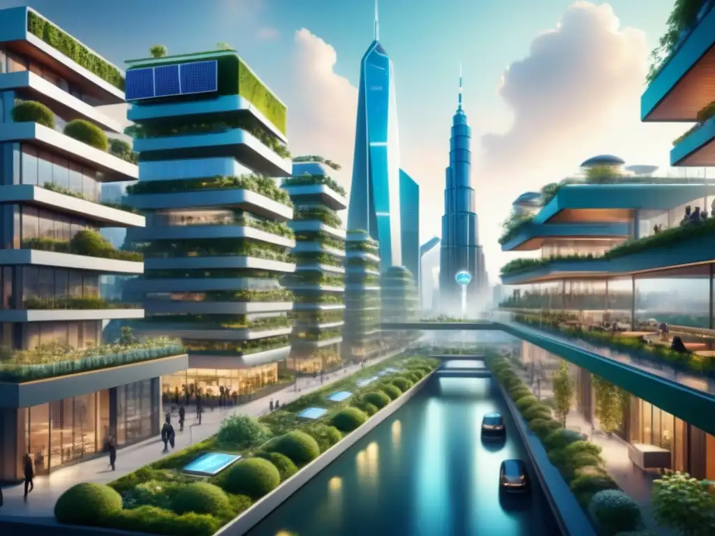 Un futuro urbano sostenible donde la tecnología y la naturaleza se fusionan, ilustrando el concepto de Internet de las Cosas en ciudades inteligentes