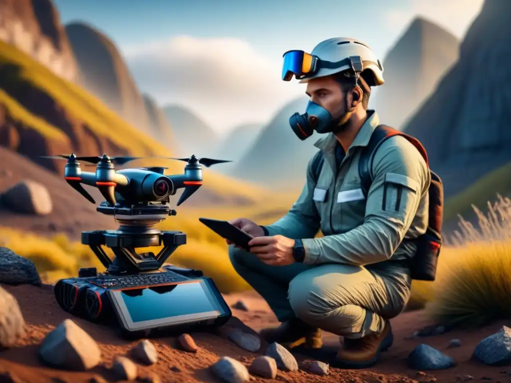 Geólogo moderno en acción: tecnología punta en exploración geológica Geólogo moderno usando equipos avanzados de geotecnología en exploración de recursos en entorno natural remoto