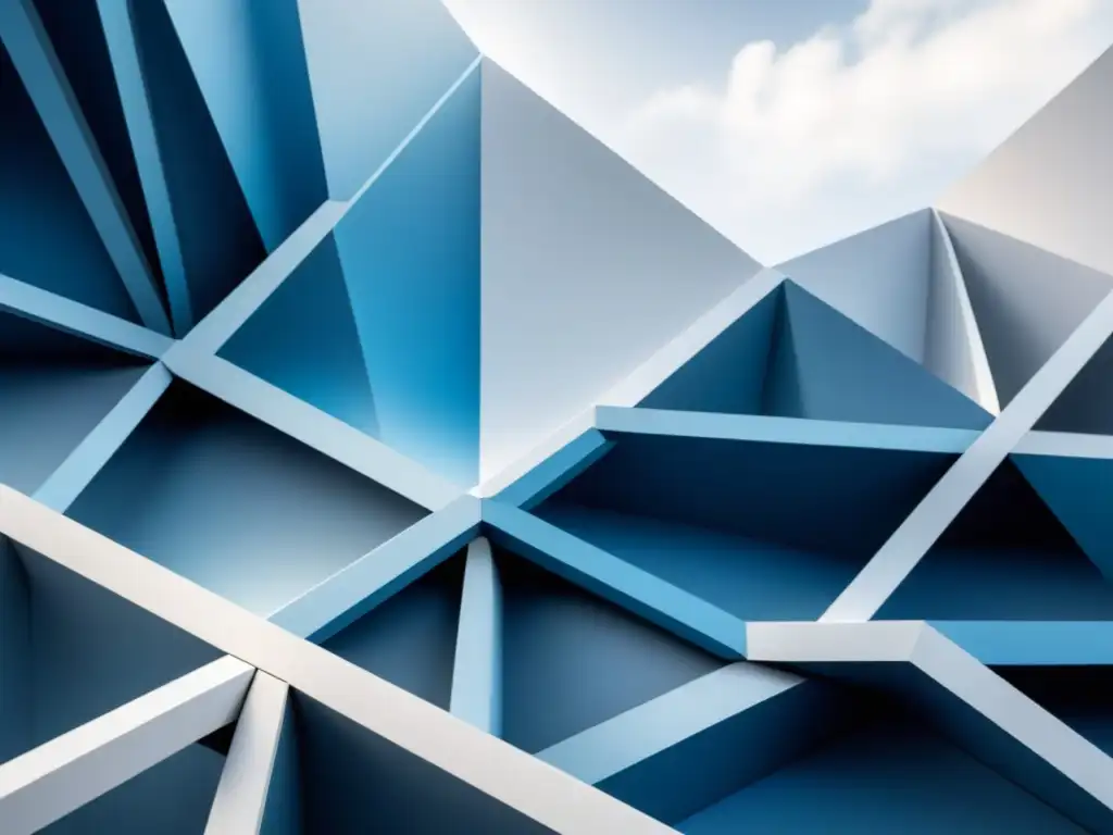 Una representación geométrica moderna de datos interconectados en tonos azules y grises sobre fondo blanco