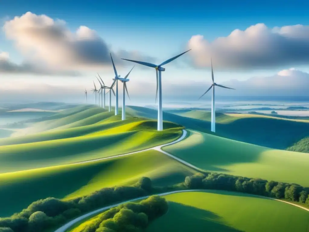 Energía renovable: Majestuosos aerogeneradores en paisaje verde Geotecnología energía renovable potencial oculto: majestuosos molinos de viento en paisaje verde y cielo azul