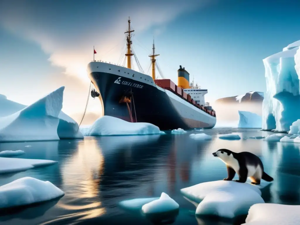 Un gigantesco buque de carga navega entre hielos árticos con osos polares, pingüinos y focas, mientras emite humo oscuro