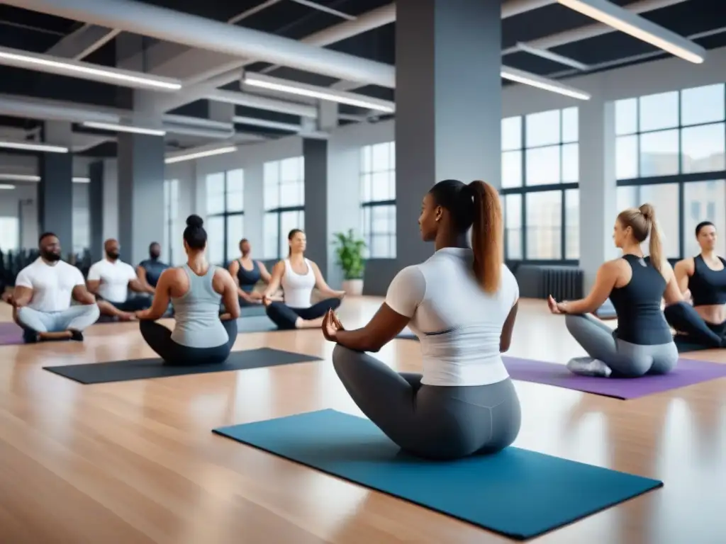 Un gimnasio corporativo moderno y luminoso donde empleados realizan diversas actividades físicas