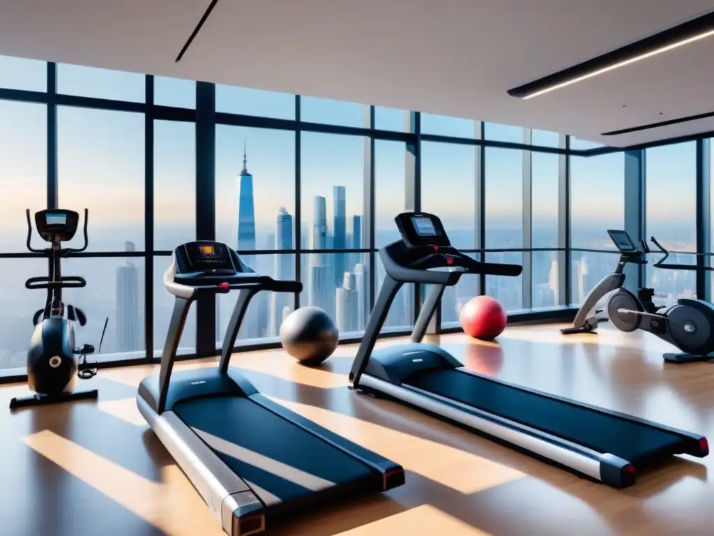 Gimnasio moderno en la oficina con vista panorámica de la ciudad y empleados realizando yoga, pesas y ciclismo