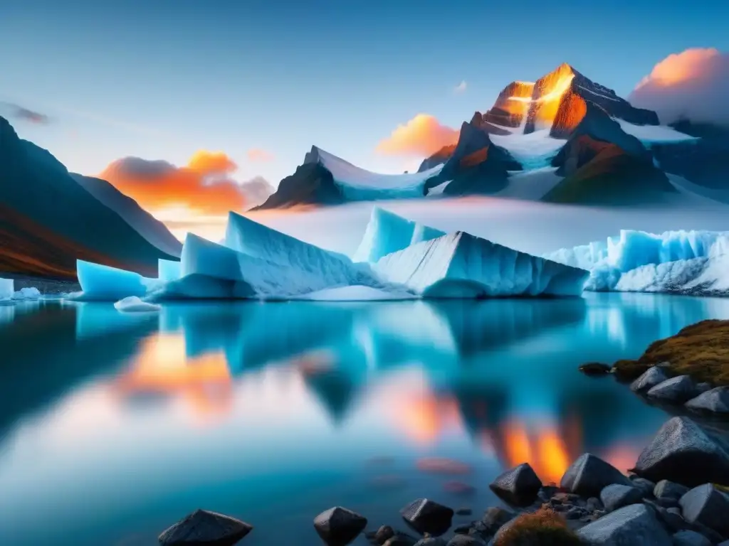 Glaciar cristalino en atardecer vibrante: armonía eco-friendly Glaciar cristalino reflejando el atardecer, armonía entre refrigeración eco-friendly y preservación del entorno