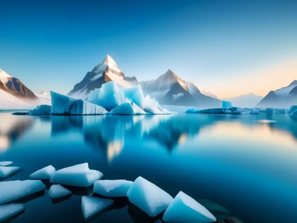 Glaciar de hielo azul cristalino bajo cielo claro, reflejando pureza y tranquilidad