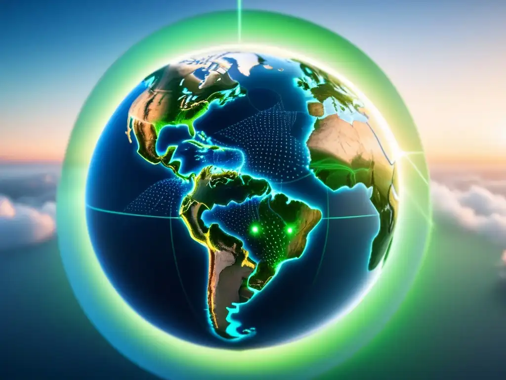 Un globo digital rodeado de nodos conectados y flujos de datos, simbolizando la IA en gestión de riesgos logísticos anticipación