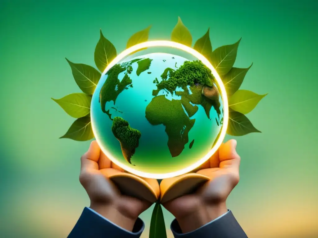 Un globo terráqueo hecho de hojas verdes interconectadas, simbolizando la innovación biotecnológica y la exportación mundial