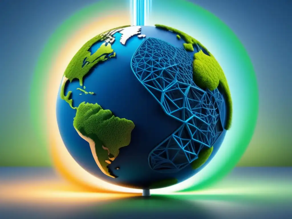 Red de tuberías: impacto global de políticas de captura de carbono Un globo terráqueo rodeado por una red de tuberías, simbolizando el impacto global de las políticas de captura de carbono en la industria