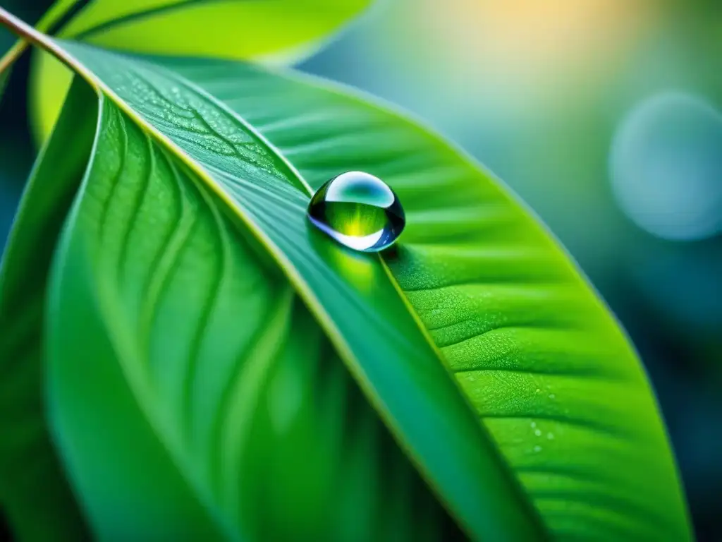 Una gota de agua cristalina cuelga de una hoja verde exuberante, reflejando su entorno con claridad