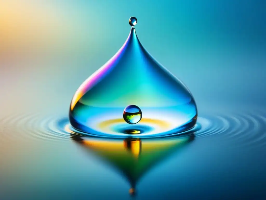 Una gota de agua cristalina suspendida en el aire, reflejando colores y ondas, sobre un fondo de tonos azules y verdes