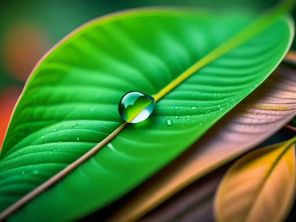 Una gota de agua pura en una hoja verde vibrante, simbolizando la bioremediación de aguas residuales industriales