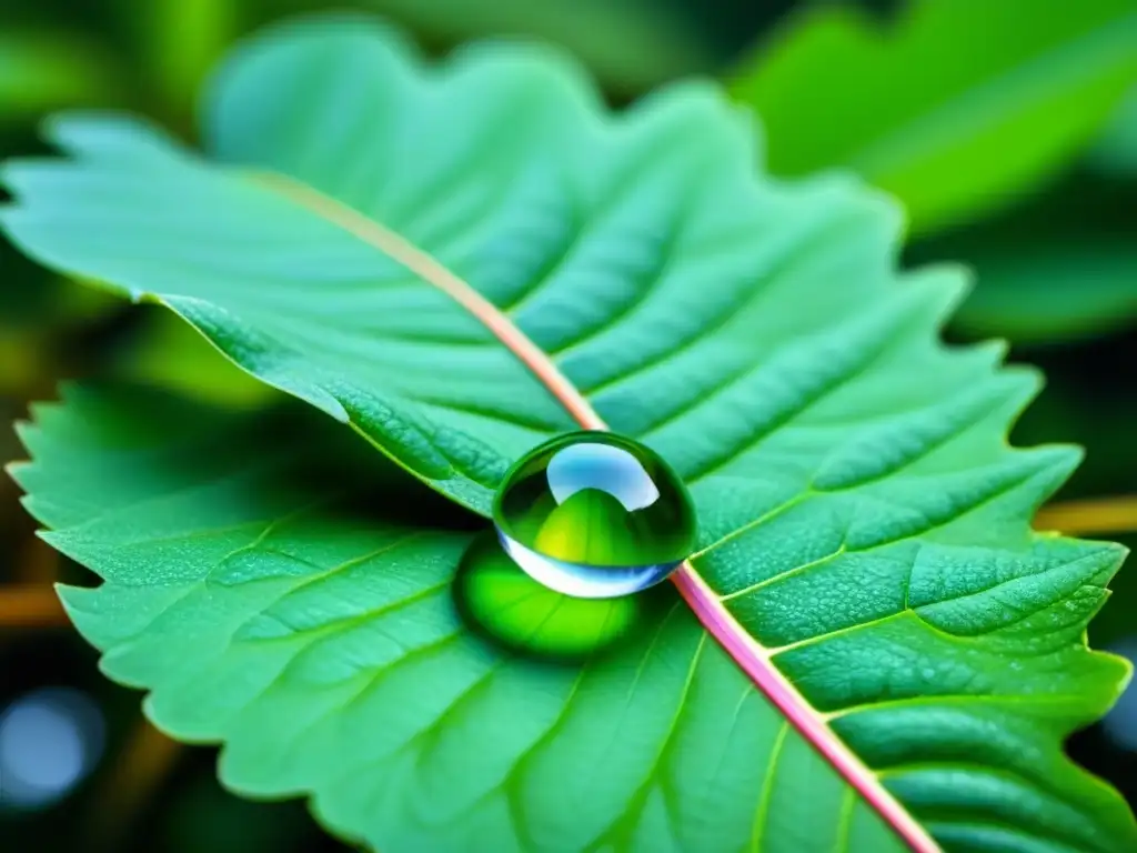 Una gota de agua pura suspendida en una hoja, reflejando la vegetación circundante con claridad