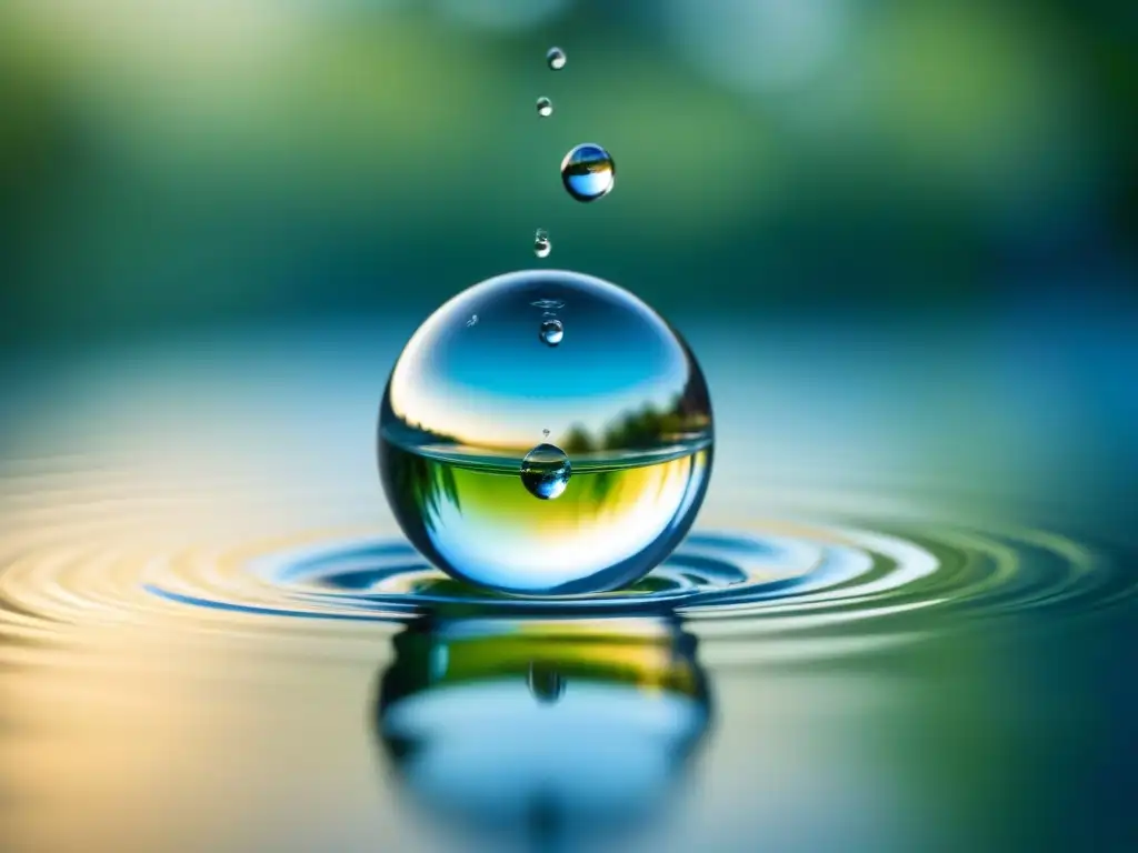 Gotas de agua cristalina suspendidas en el aire, reflejando su entorno con claridad