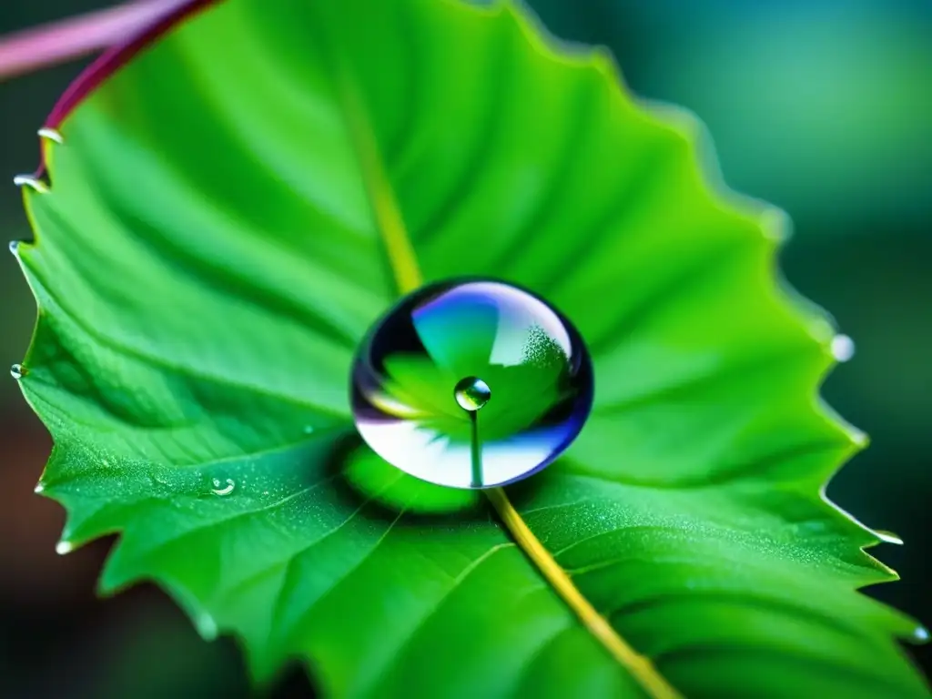 Gotas de agua en hoja verde resaltan la gestión sostenible del agua en la industria