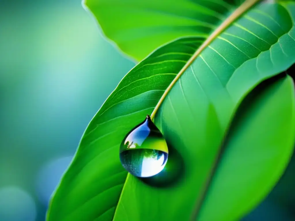 Gotas de agua en hoja verde, reflejando la naturaleza