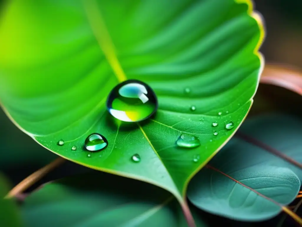 Gotas de agua en hoja verde brillante, reflejando la naturaleza