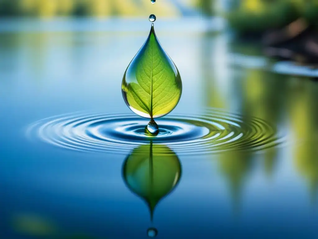 Gotas de agua caen en un lago, creando ondas que distorsionan el reflejo de un cielo azul y un árbol verde